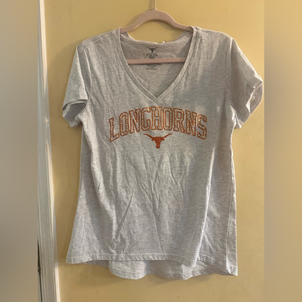 We Are Texas Longhorns V-Neck Tee with Orange Sequin Logo, large